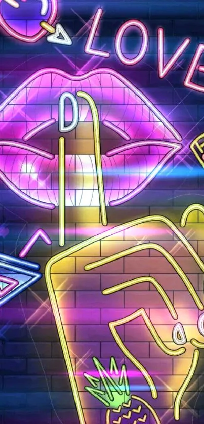 Neon wallpaper with lips, love, and quirky symbols.