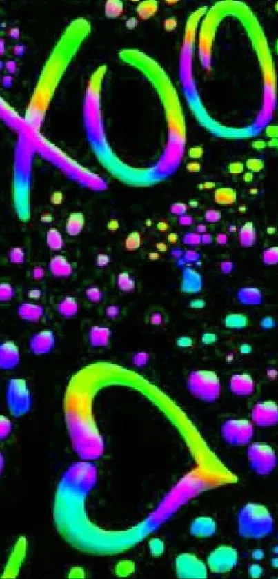 Colorful neon hearts and dots on a dark background.