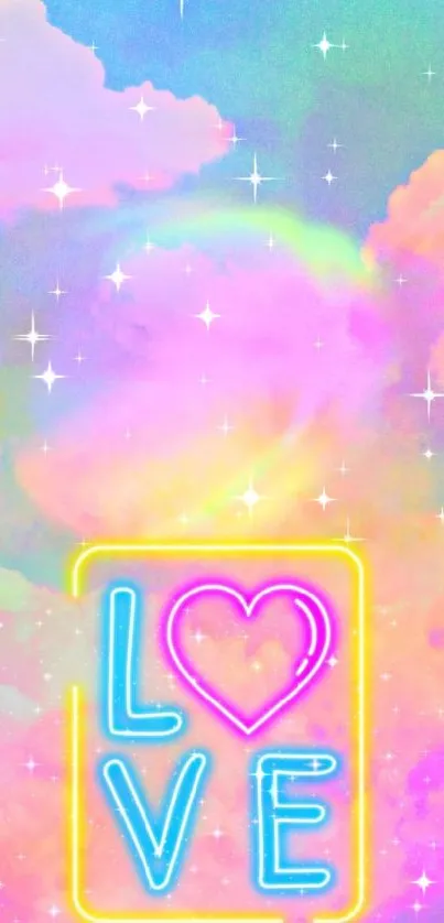 Colorful neon love wallpaper with clouds and heart design.