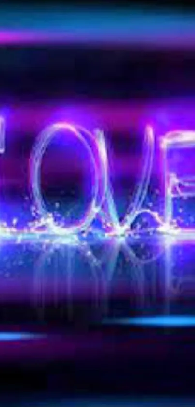 Vibrant neon love wallpaper with glowing purple text.