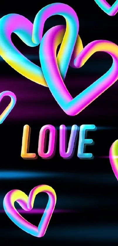 Vibrant neon hearts wallpaper with love text.