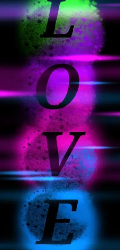 Colorful neon LOVE design on black background.