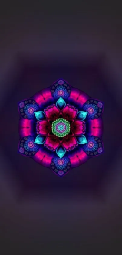 Neon mandala design with vibrant colors and intricate patterns on mobile wallpaper.