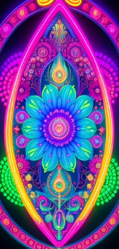 Vibrant neon mandala with intricate floral design and colorful patterns.