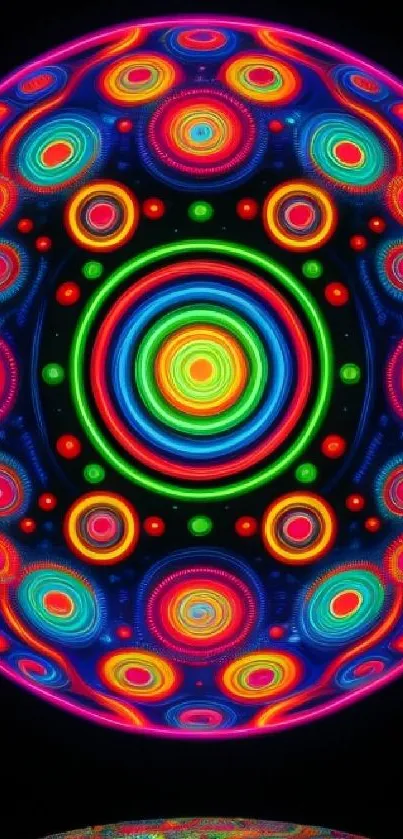 Vibrant neon mandala pattern with colorful concentric circles.