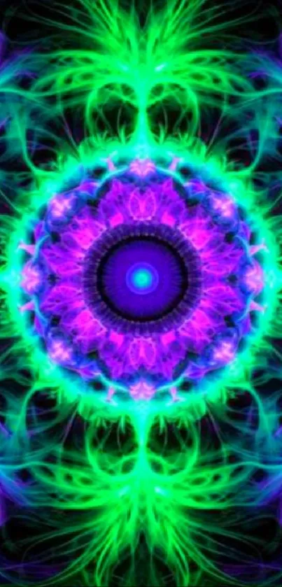 Colorful neon mandala wallpaper with vibrant green and purple hues.