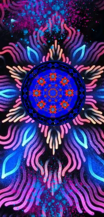 Vibrant neon mandala wallpaper with intricate pattern.