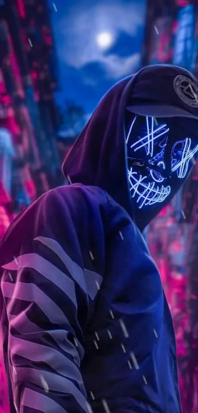 Neon mask figure in a vibrant street scene.