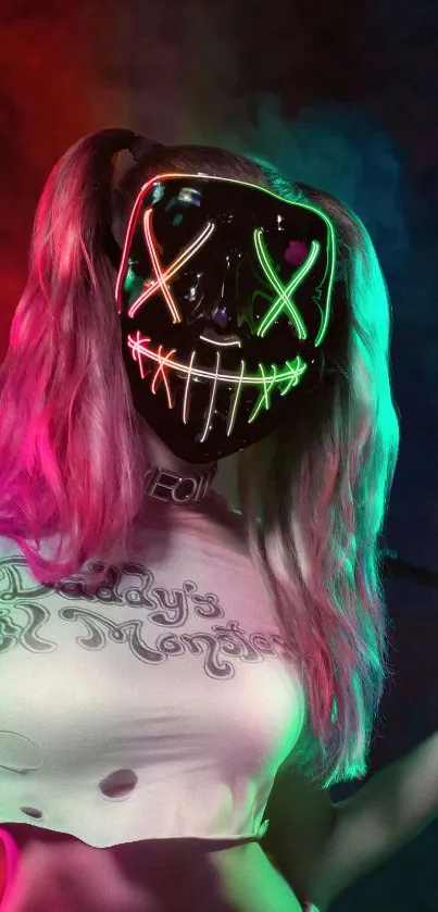 A vibrant neon mask on a colorful background with artistic flair.