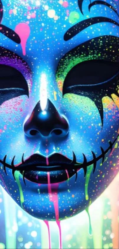 Colorful neon mask with abstract design and glowing effect.