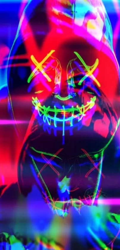 Vibrant neon mask art with abstract design.