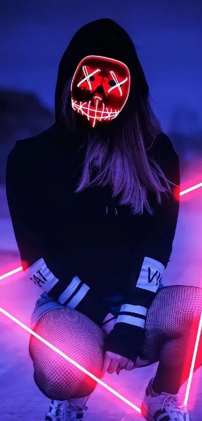 Person with a neon mask in an artistic pose under purple lighting.