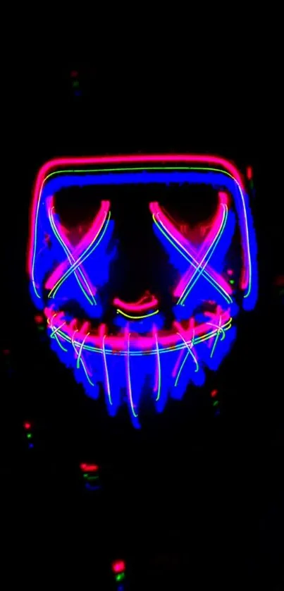 Vibrant neon mask art on black background.