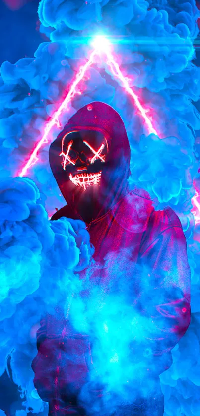 A hooded figure in neon light with blue and pink mist background.