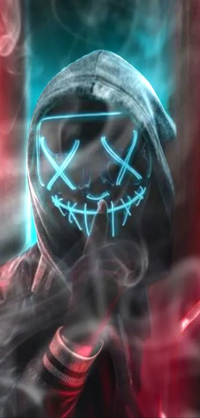 Neon mask mobile wallpaper with electric blue accents and mysterious vibes.