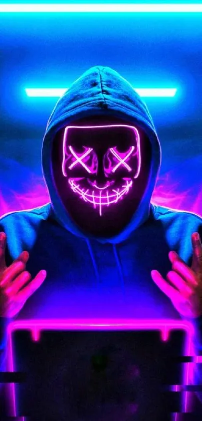 Neon mask in vibrant pink and blue glow.