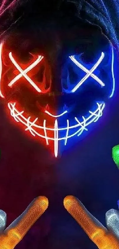 Neon mask with colorful lights in a dark hooded design.