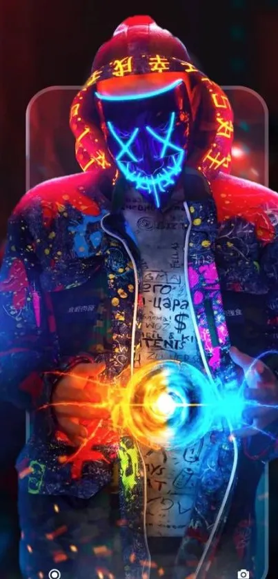 Vibrant neon-masked figure in digital art style.