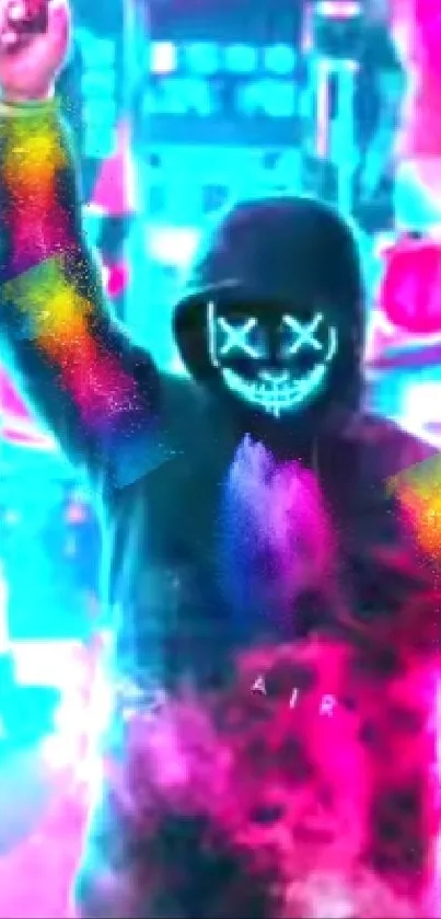 Neon-lit masked figure with pink and blue vibrant hues in digital art.