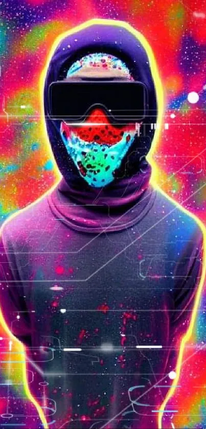 Neon masked figure surrounded by vibrant colors and psychedelic patterns.