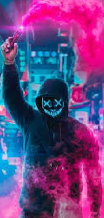 Neon masked figure with smoke in urban setting, vibrant wallpaper.