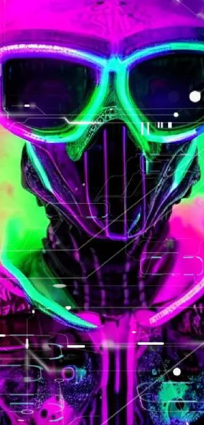 Neon-lit masked figure with vibrant colors in purple and green.