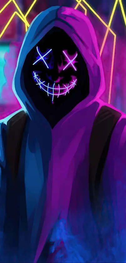 Neon masked figure in vibrant hoodie with glowing background.