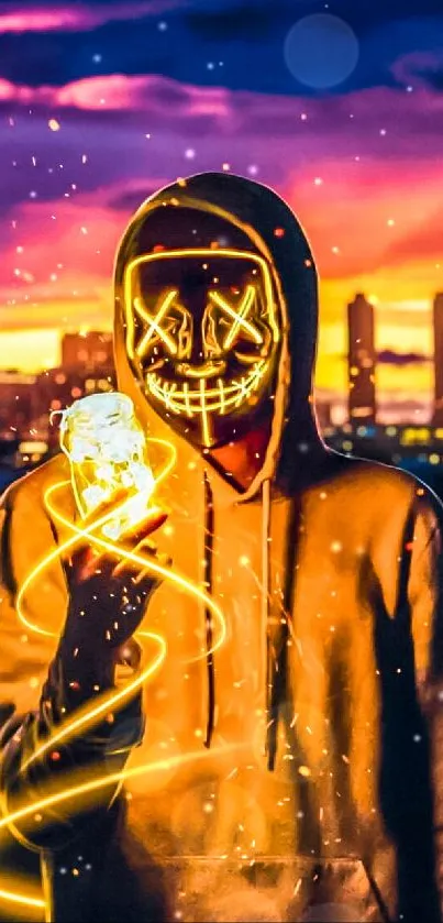 Vibrant city wallpaper with neon mask and hoodie.