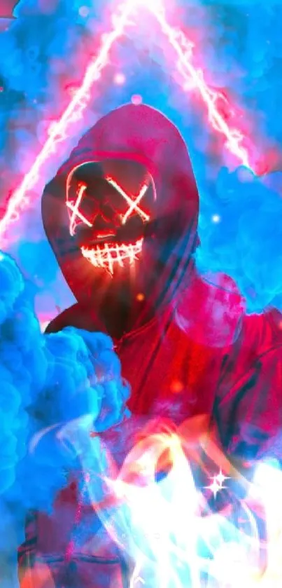 Neon masked figure in red hoodie surrounded by blue and pink smoke.