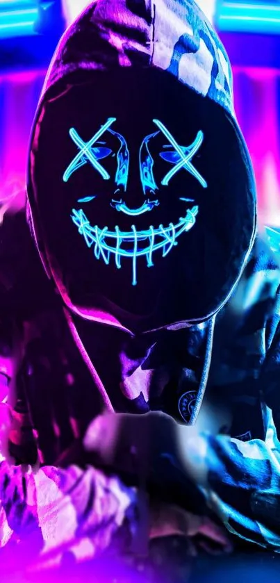 Mysterious figure in a neon mask and hoodie, vibrant purple backdrop.