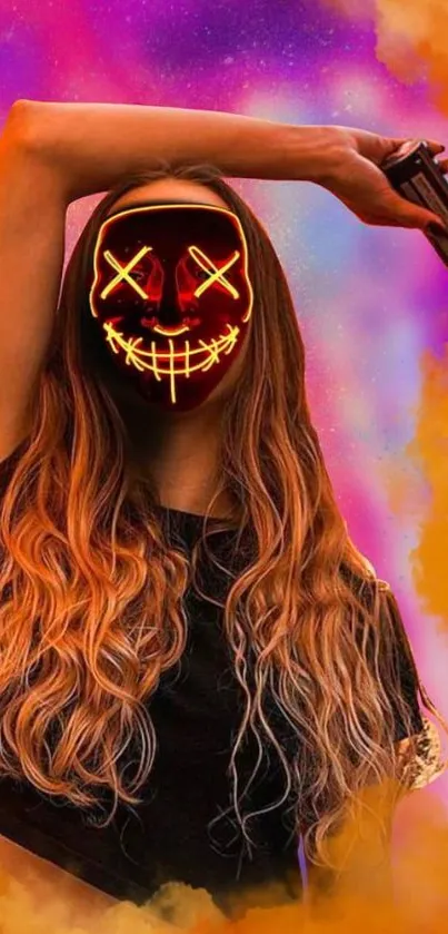 Neon masked figure against vibrant colorful background.