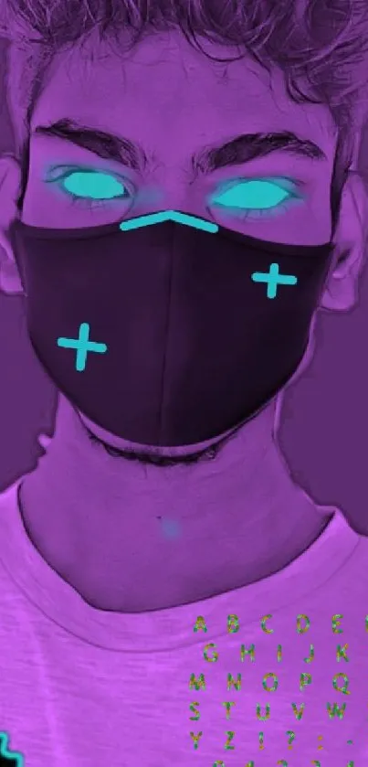 Masked figure with neon purple and turquoise colors on mobile wallpaper.