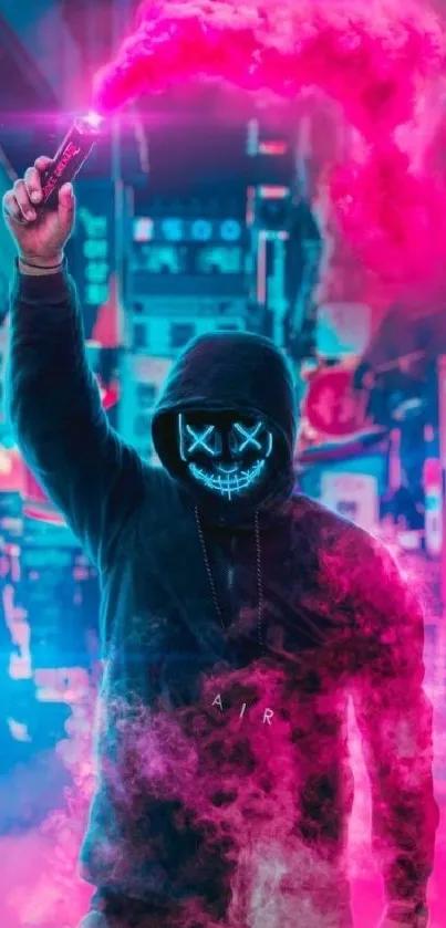 A neon-clad masked figure in misty urban neon lights.