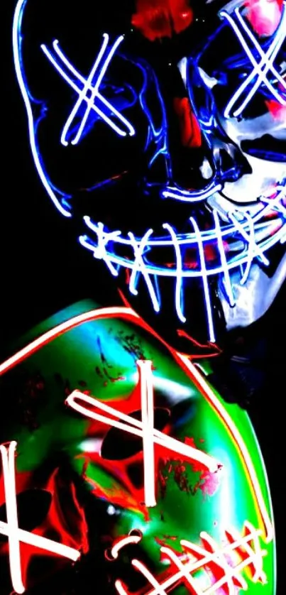 Neon glowing masks on dark background wallpaper.