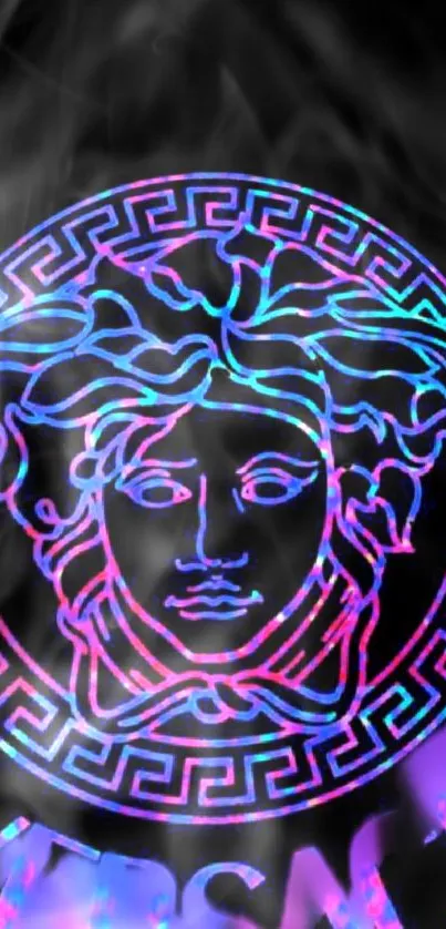 Vibrant neon Medusa with holographic effect on a smoky background.