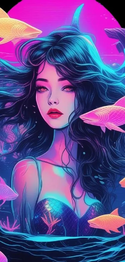 Neon mermaid art with vibrant colors and abstract fish design.