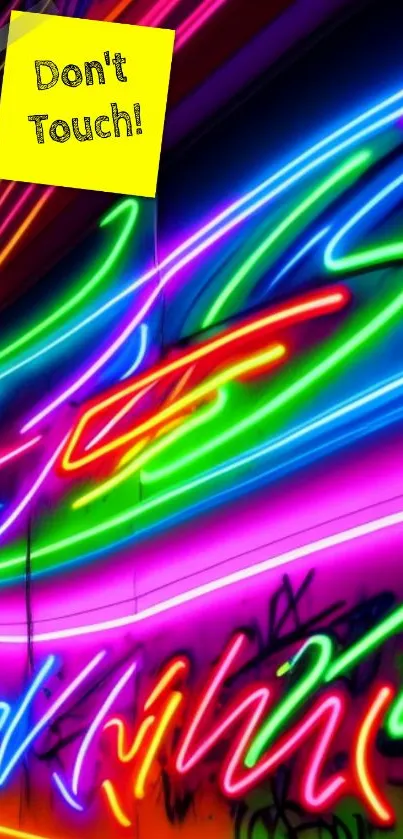 Vibrant neon graffiti wallpaper with 'Don't Touch!' note.