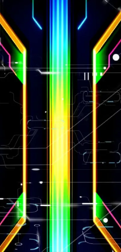 Neon geometric mobile wallpaper with vibrant colors and futuristic design.