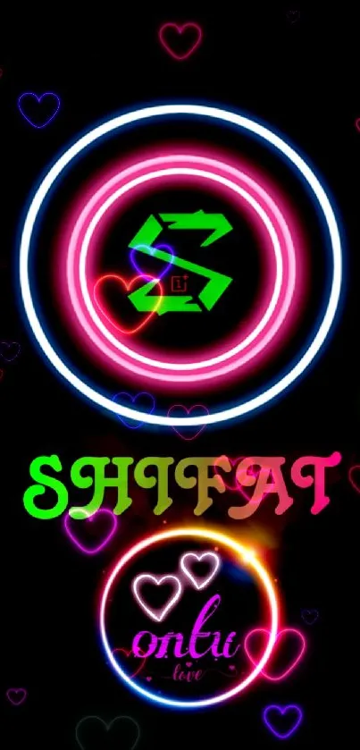 Neon themed wallpaper with colorful circles and creative text on black background.