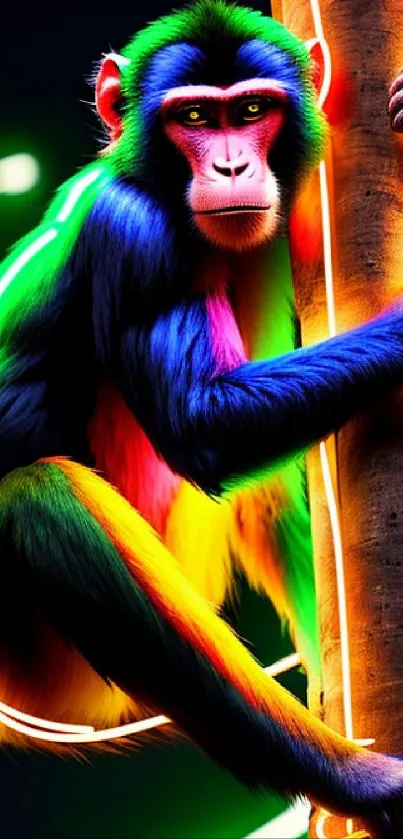 Colorful neon monkey design on a phone wallpaper.