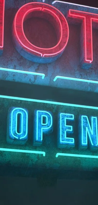 Vibrant neon motel sign with open text in teal blue light.