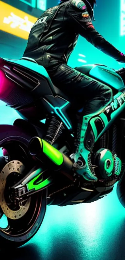 Neon motorcycle with a futuristic teal glow and sleek design.