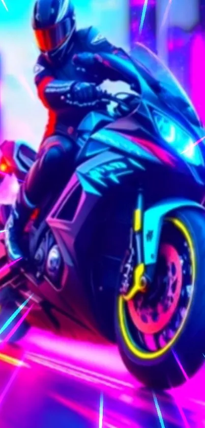 Neon-lit motorcycle racing through a futuristic city, highlighting vibrant colors.
