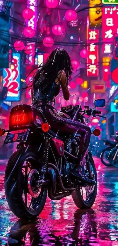 Motorcyclist in a neon-lit city scene with vibrant colors at night.