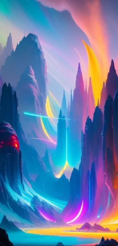 Vibrant neon mountain landscape with luminous colors and artistic design.