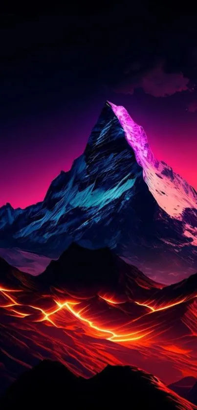 Vibrant neon mountain peak with glowing lava flows.