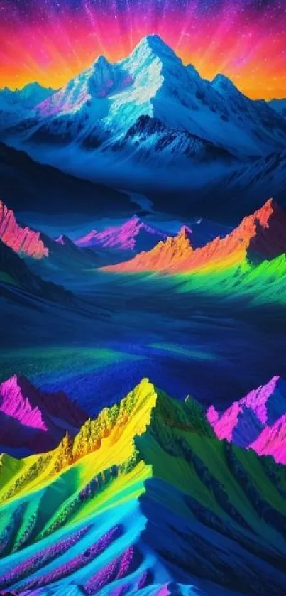 Colorful neon mountain landscape wallpaper.