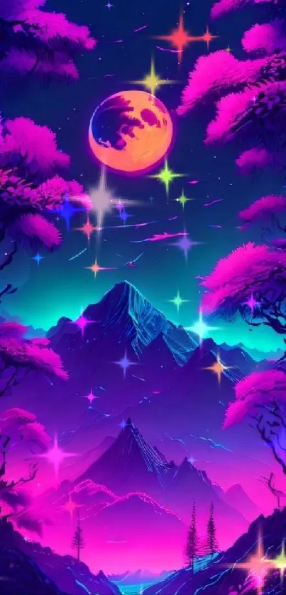 Neon mountain landscape with a glowing moon and vibrant colors.