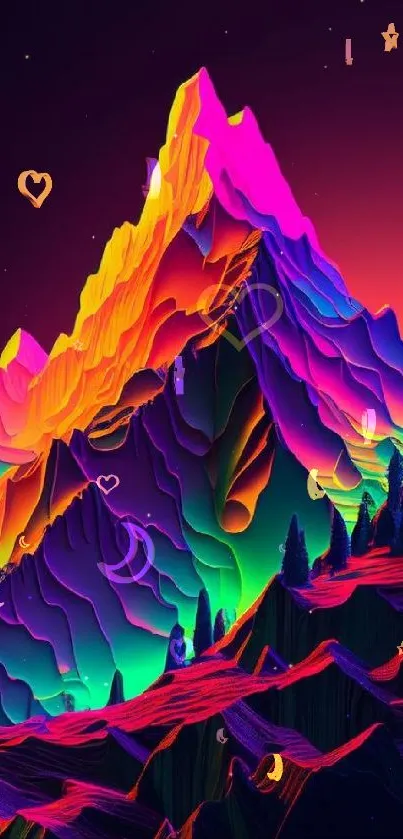 Vibrant neon-colored mountain wallpaper with a surreal landscape.