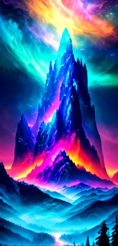 Vibrant neon mountain wallpaper with vivid colors and mystical night sky.